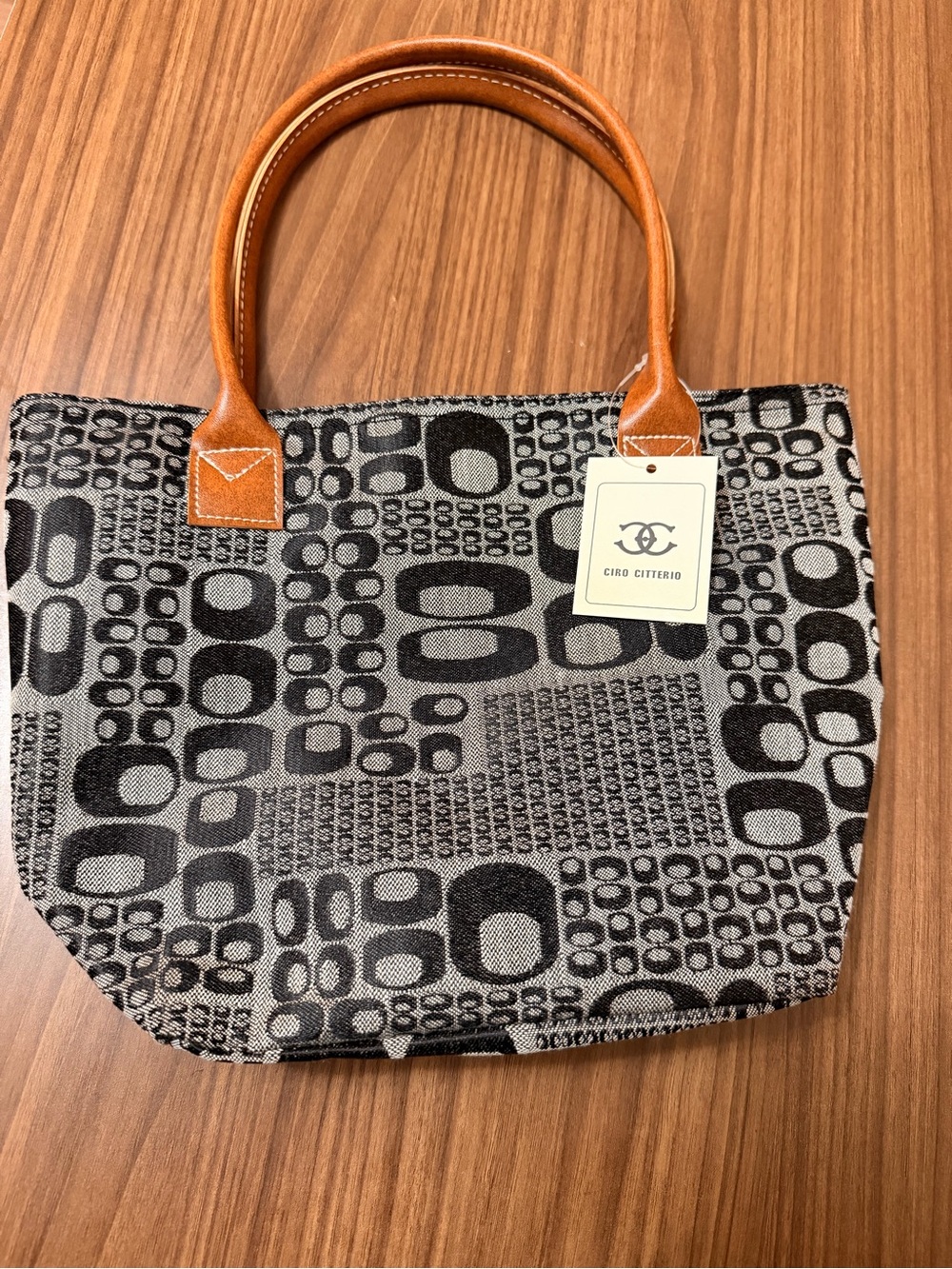 Geo Print Canvas Tote with Tan Handles